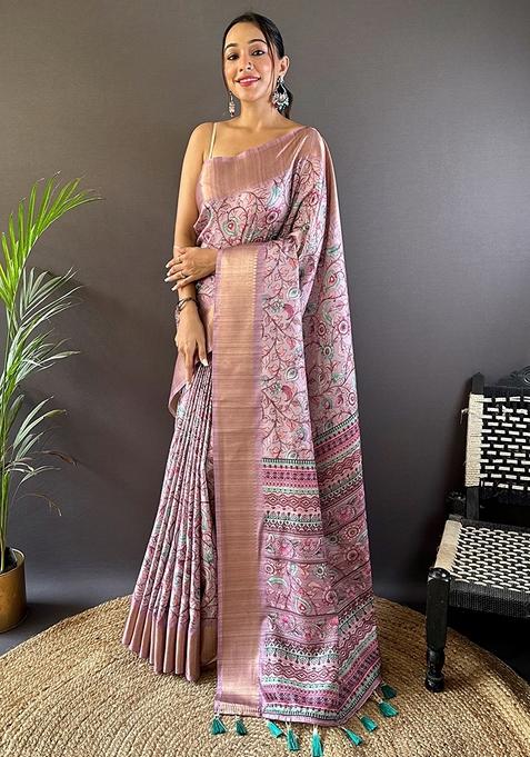 Purple Printed Woven Saree Set