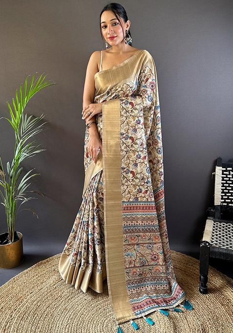 Beige Printed Woven Saree Set