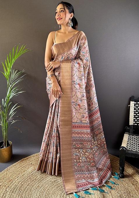 Pink Printed Woven Saree Set