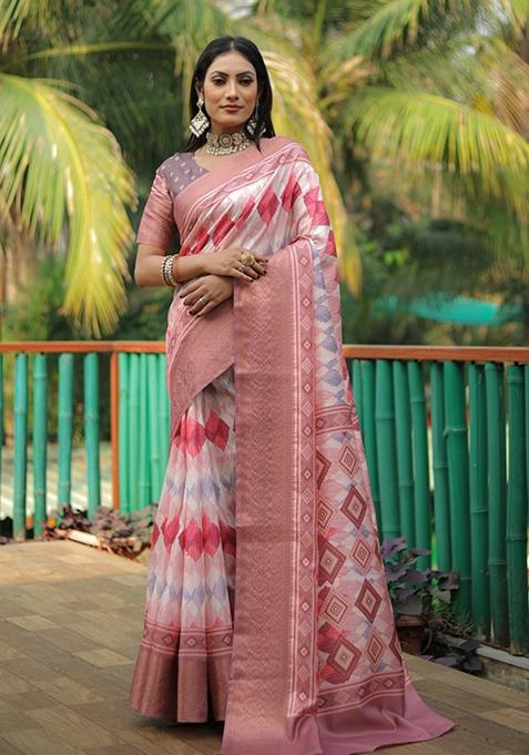 Pink Printed Woven Saree Set