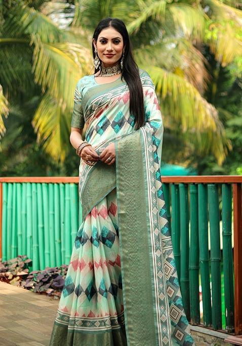 Green Printed Woven Saree Set