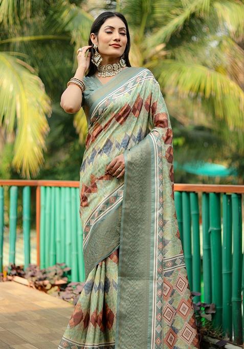 Grey Printed Woven Saree Set