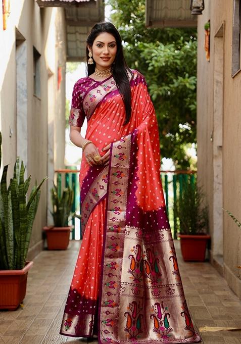 Brown Printed Woven Saree Set