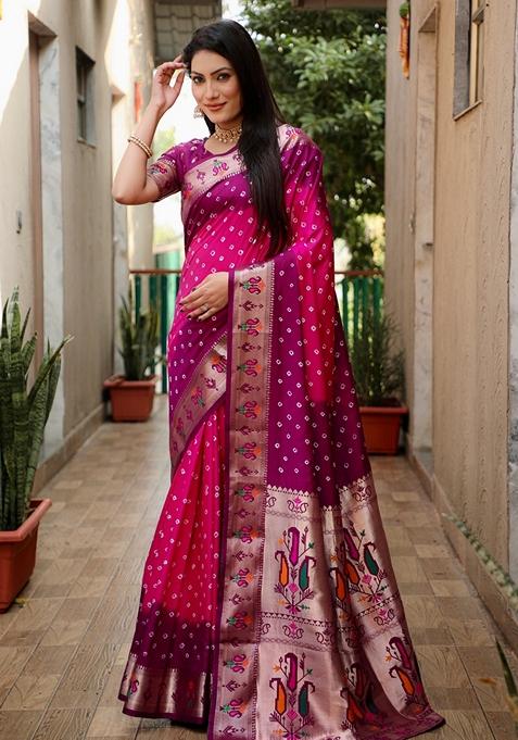 Pink Printed Woven Saree Set