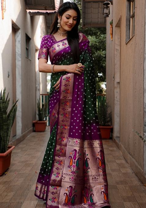 Purple Printed Woven Saree Set