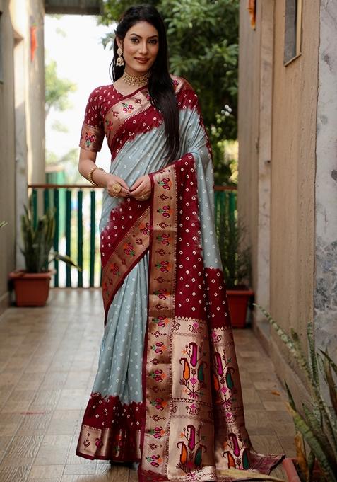 Grey Printed Woven Saree Set