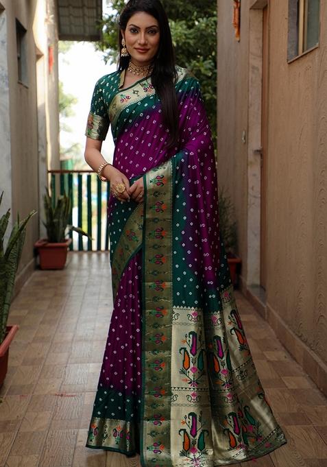 Purple Printed Woven Saree Set