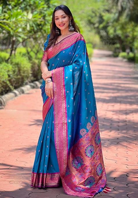 Blue Meenakari Work Woven Saree Set