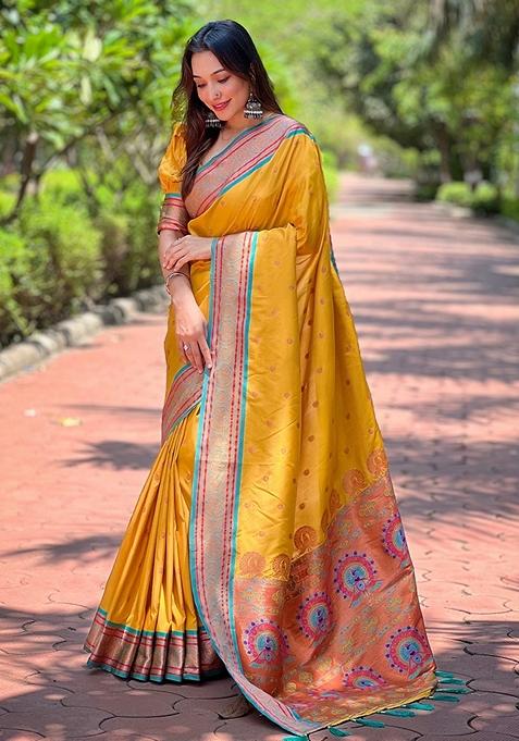 Yellow Meenakari Work Woven Saree Set