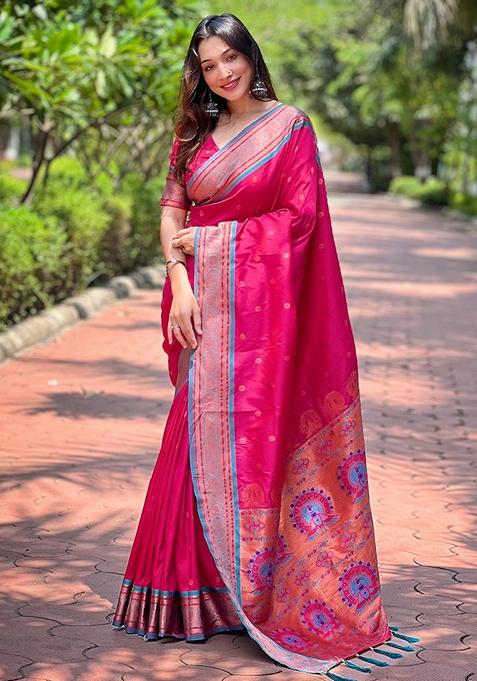 Pink Meenakari Work Woven Saree Set