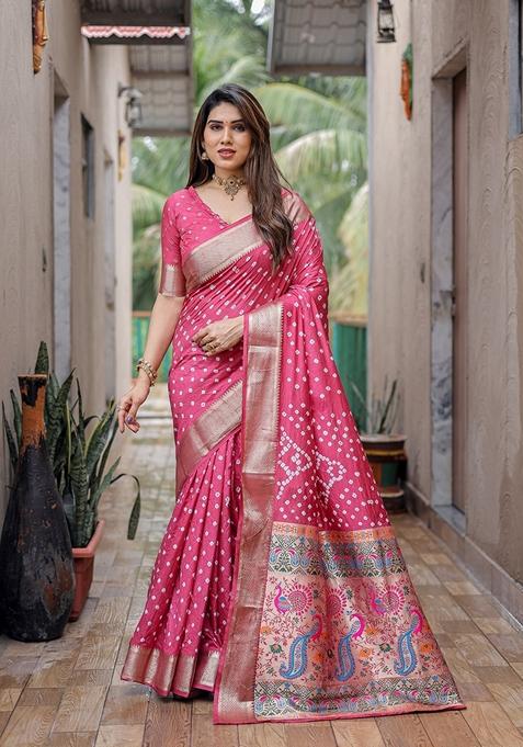 Pink Printed Woven Saree Set