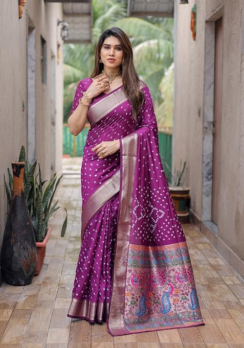 Purple Printed Woven Saree Set