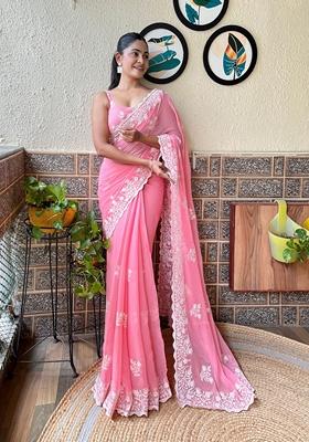Pink Embroidered Woven Saree Set
