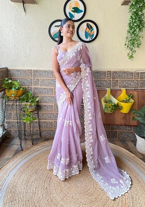 Lavender Embroidered Woven Saree Set