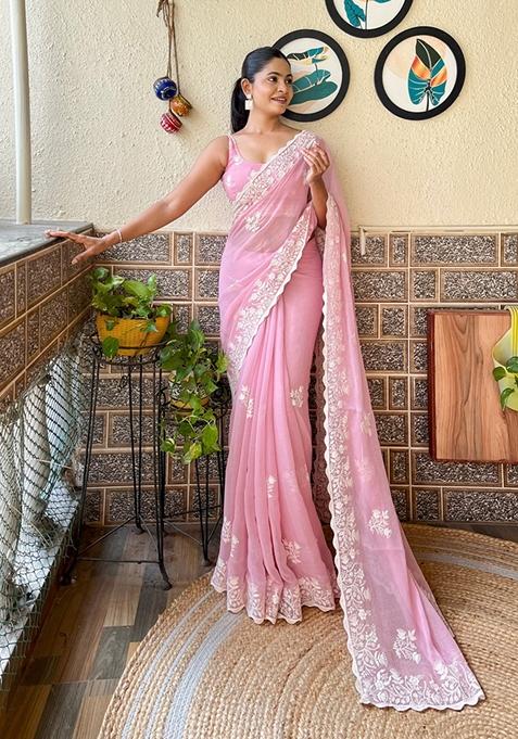 Onion Pink Embroidered Woven Saree Set