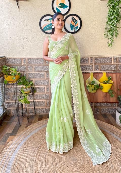 Green Embroidered Woven Saree Set