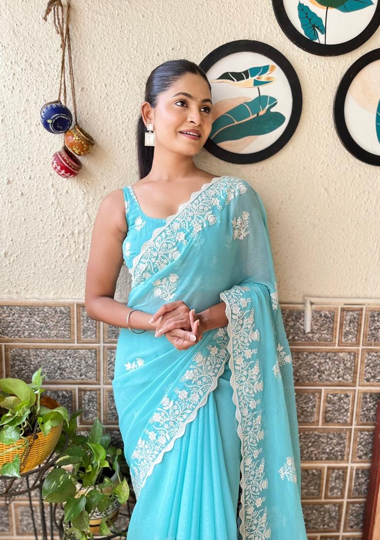Sky Blue Embroidered Woven Saree Set