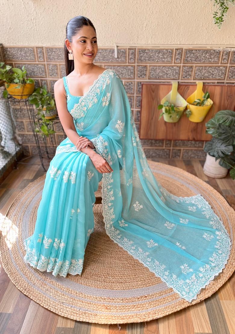 Sky Blue Embroidered Woven Saree Set