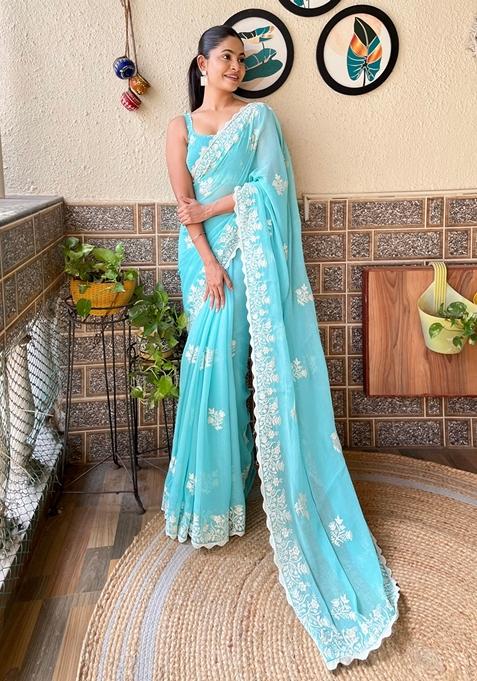 Sky Blue Embroidered Woven Saree Set