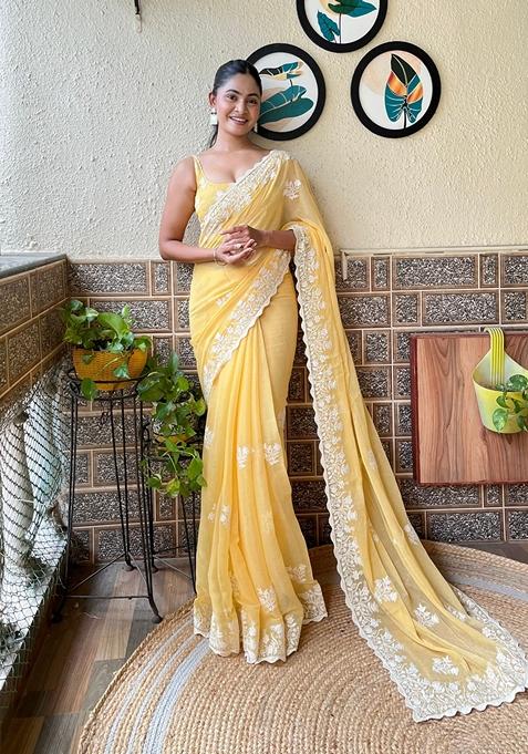 Yellow Embroidered Woven Saree Set