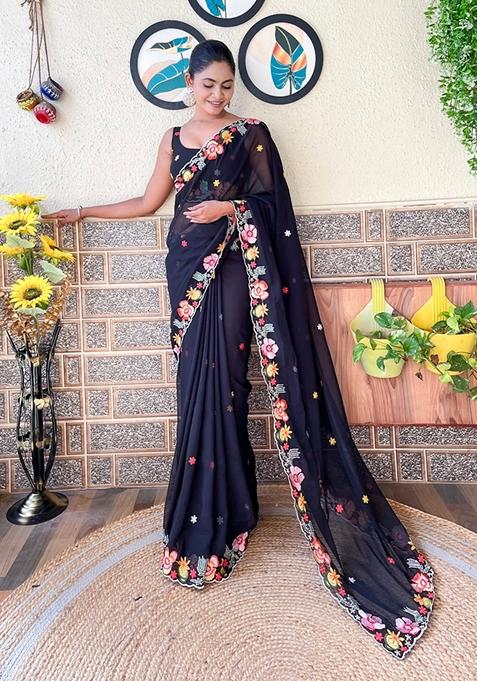 Black Embroidered Woven Saree Set