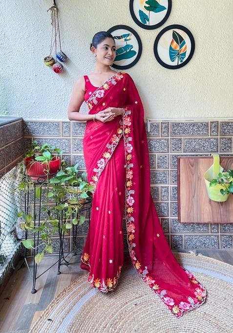 Maroon Embroidered Woven Saree Set