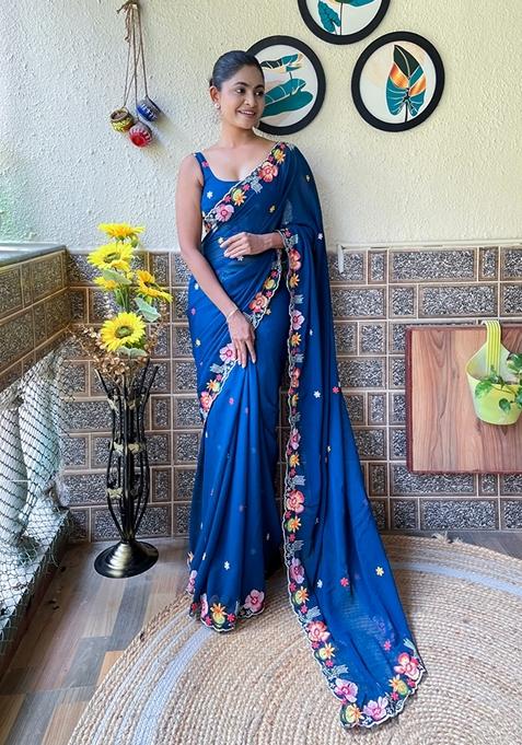 Blue Embroidered Woven Saree Set