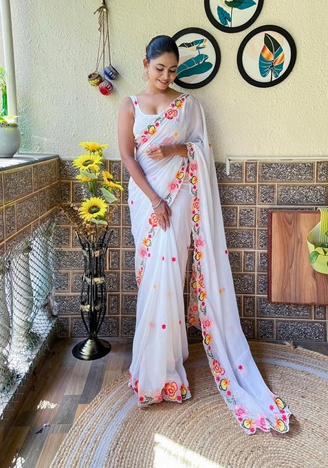 White Embroidered Woven Saree Set