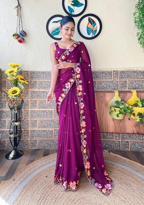 Wine Embroidered Woven Saree Set