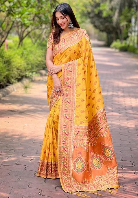 Yellow Paithani Work Woven Saree Set