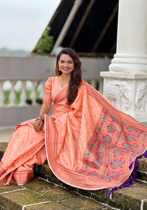 Peach Paithani Work Woven Saree Set