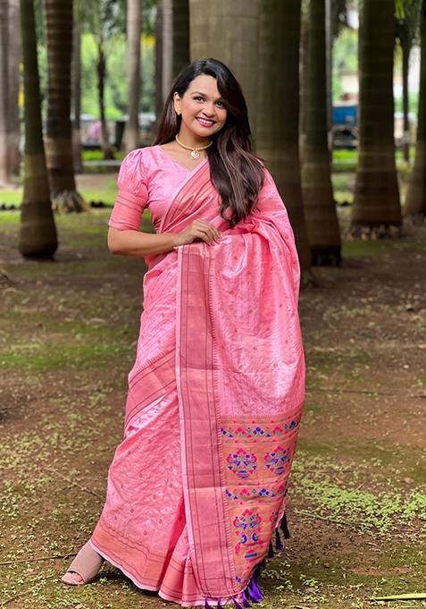 Pink Paithani Work Woven Saree Set