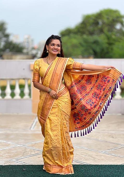 Yellow Paithani Work Woven Saree Set