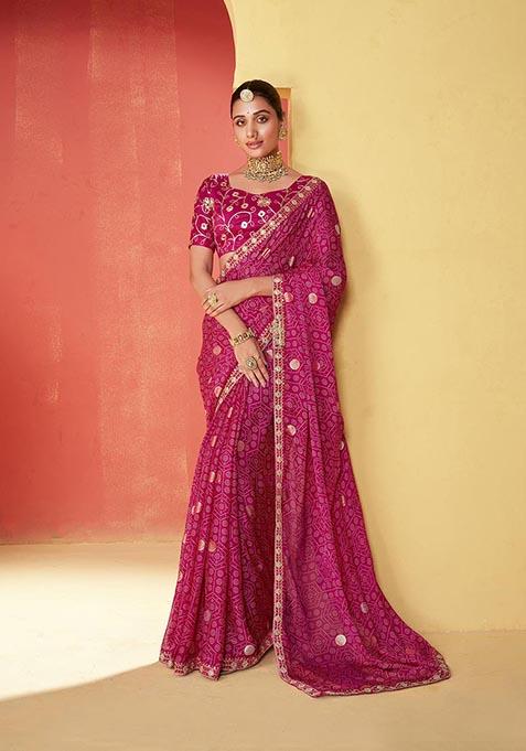 Pink Printed Woven Saree Set