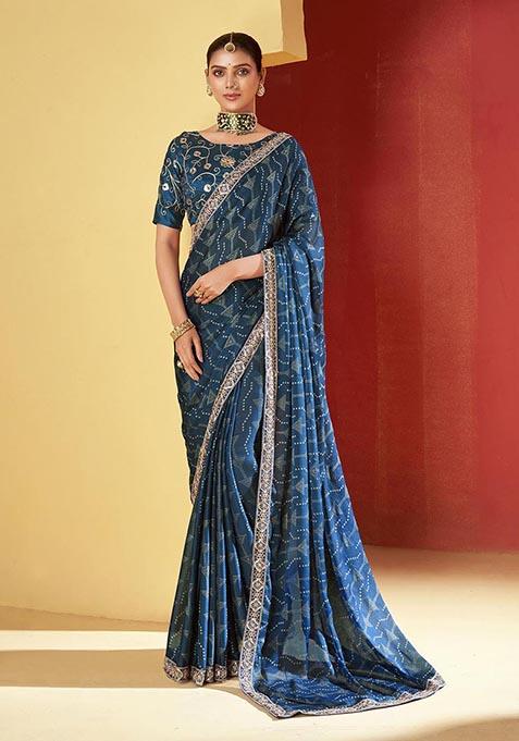 Navy Blue Printed Woven Saree Set