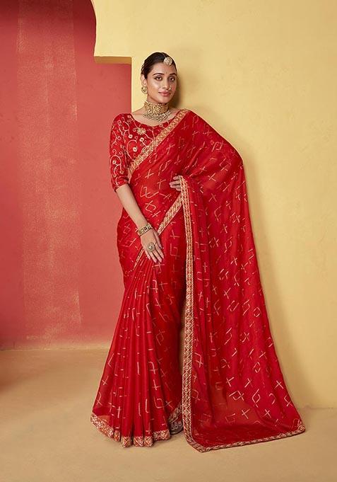 Red Printed Woven Saree Set