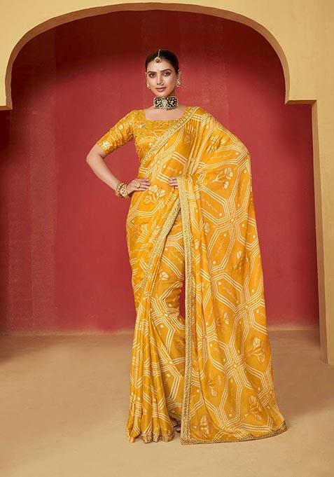 Yellow Printed Woven Saree Set