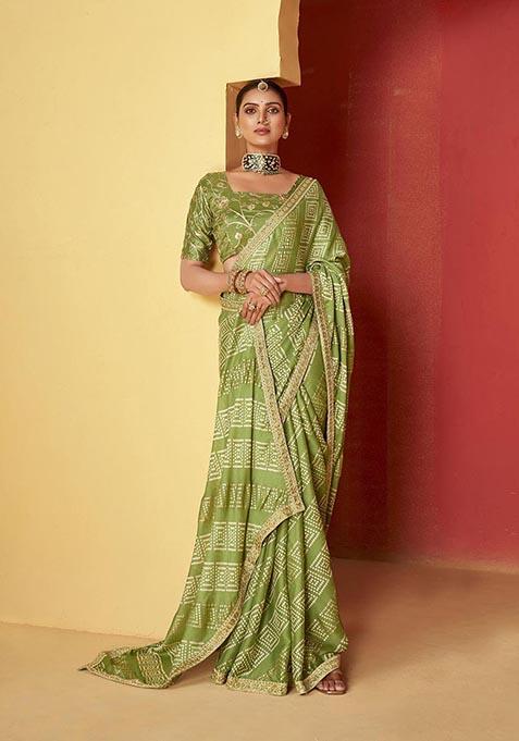 Green Printed Woven Saree Set