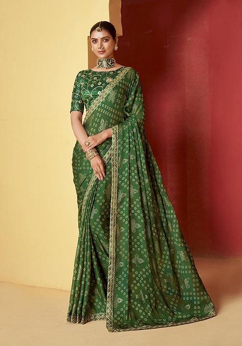 Green Printed Woven Saree Set