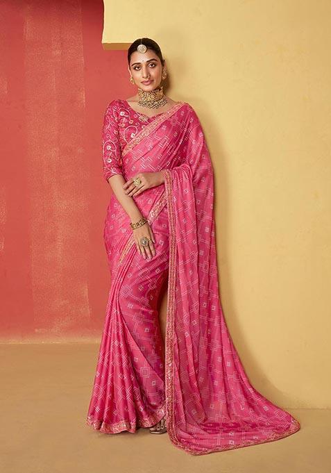 Pink Printed Woven Saree Set