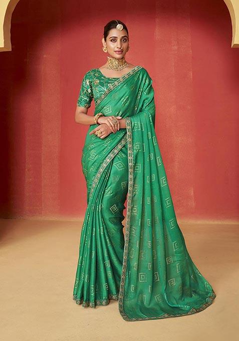 Green Printed Woven Saree Set