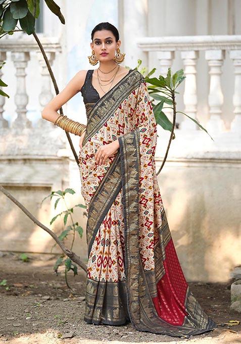 Off White Printed Woven Saree Set