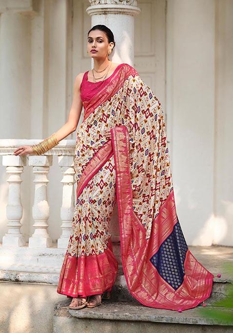 Off White Printed Woven Saree Set