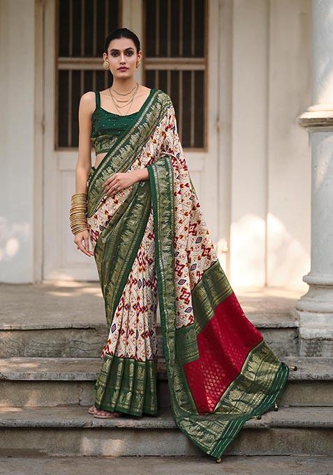 Off White Printed Woven Saree Set