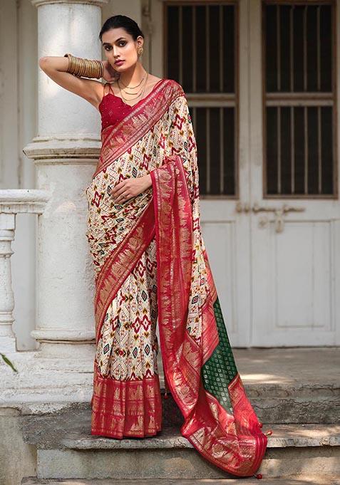 Off White Printed Woven Saree Set