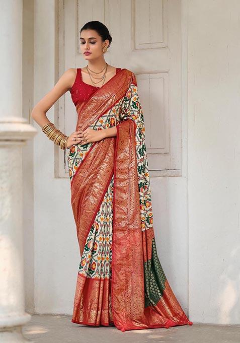 Off White Printed Woven Saree Set