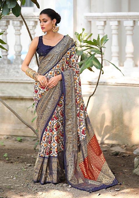 Off White Printed Woven Saree Set