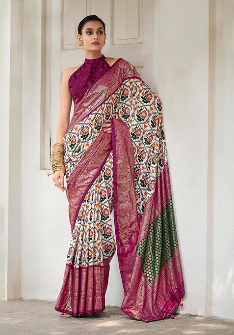 Off White Printed Woven Saree Set