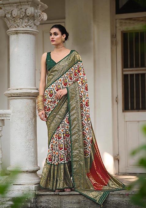 Off White Printed Woven Saree Set