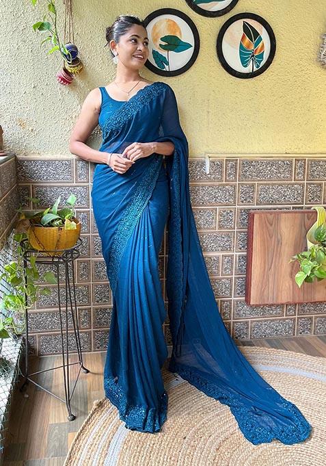 Blue Embroidered Woven Saree Set